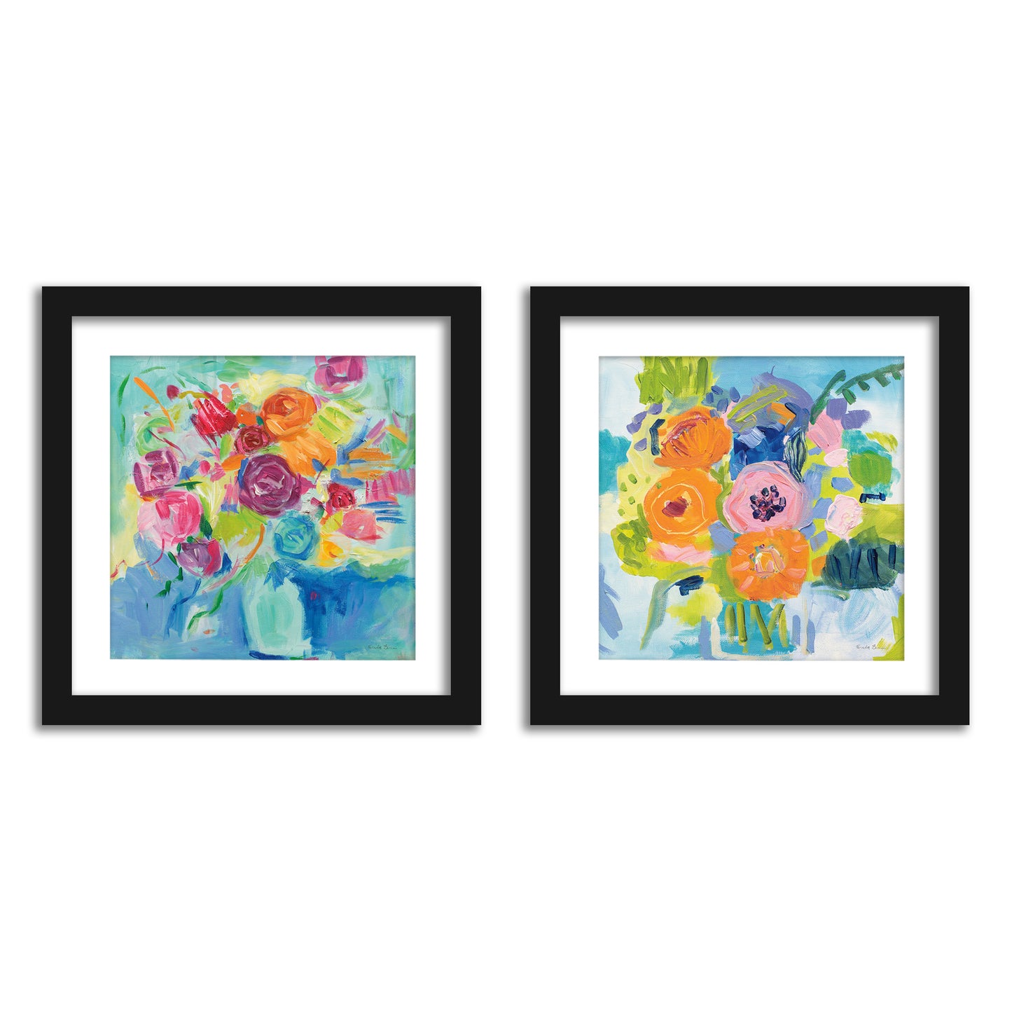 Summer Bouquets Bathroom Wall Art - Set of 2 Framed Prints by Wild Apple
