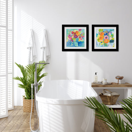 Summer Bouquets Bathroom Wall Art - Set of 2 Framed Prints by Wild Apple - Americanflat