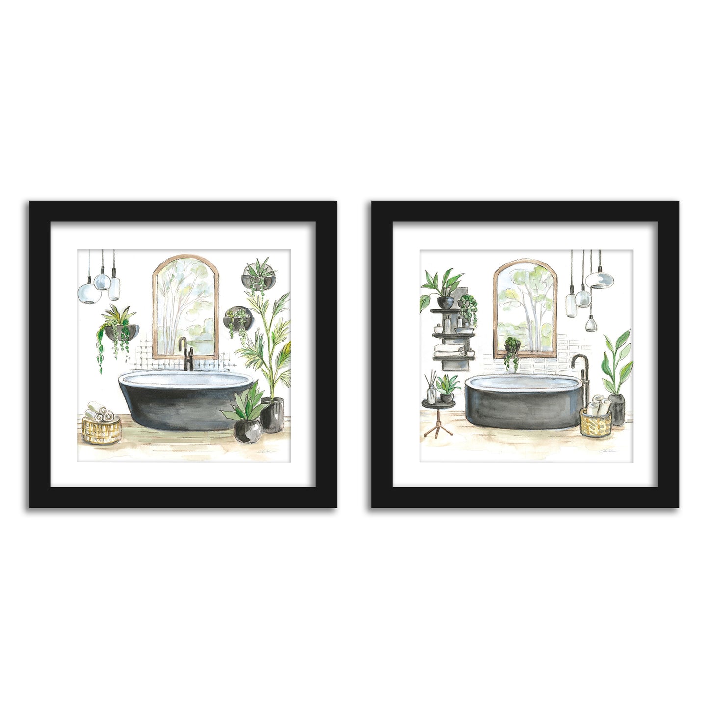  Tropical Shower Plants Bathroom Wall Art - Set of 2 Framed Prints by Wild Apple