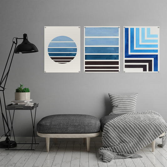 (Set of 3) Triptych Wall Art Geo Blue Brushstrokes by Ejaaz Haniff - Poster Print