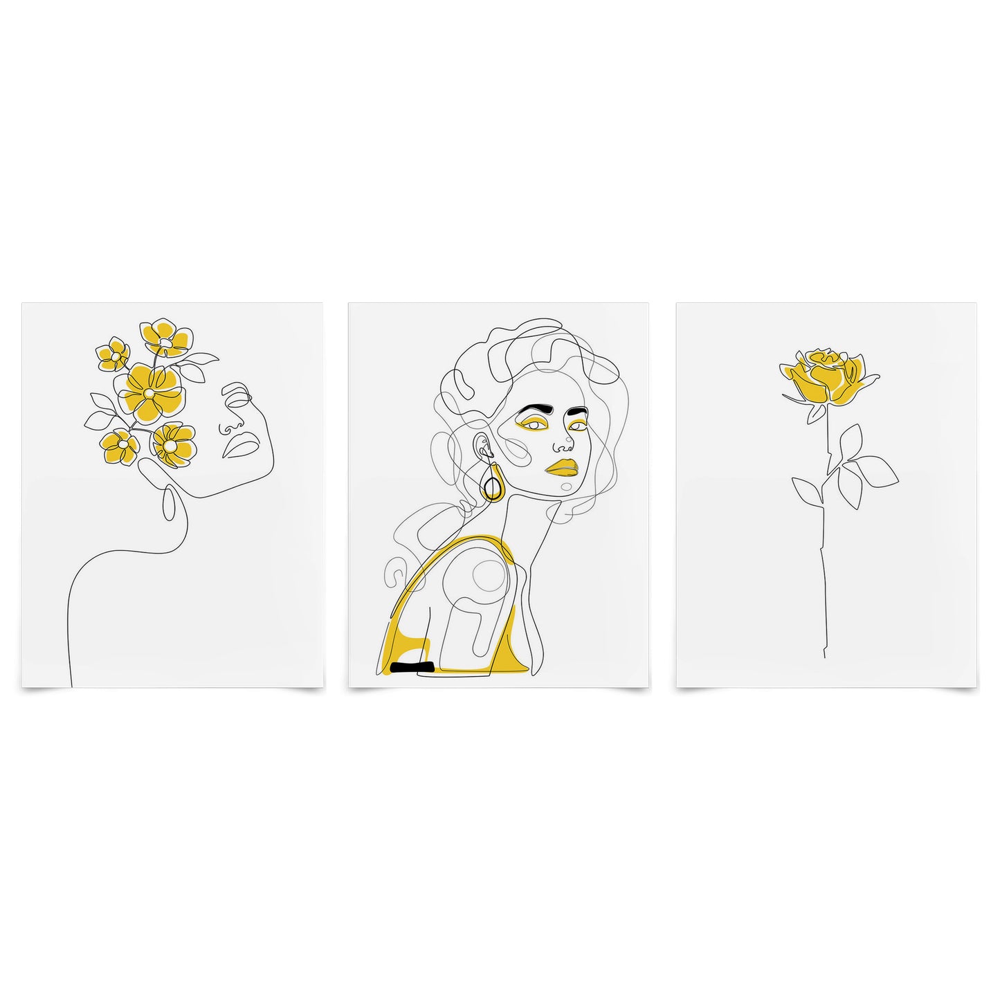 (Set of 3) Triptych Wall Art Yellow Female Line Art by Explicit Design - Poster Print