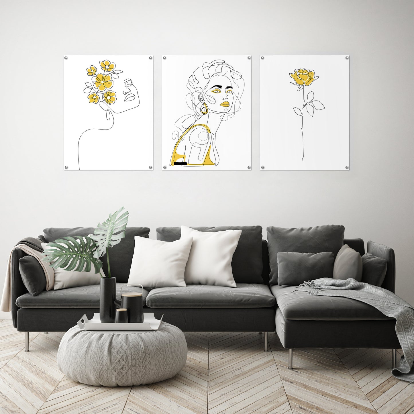 (Set of 3) Triptych Wall Art Yellow Female Line Art by Explicit Design - Poster Print