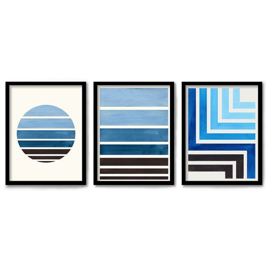 Geo Blue Brushstrokes by Ejaaz Haniff 3 Piece Framed Triptych 