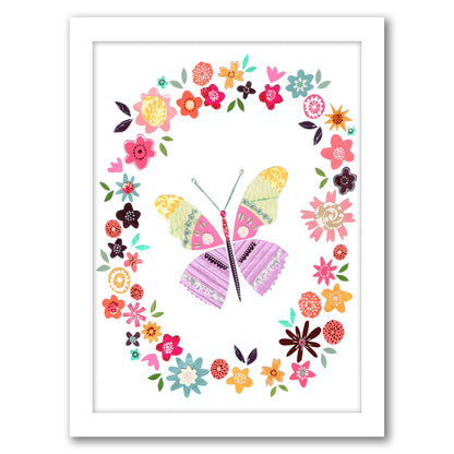 Pretty Pink Butterfly In Flower Frame By Liz And Kate Pope - White Framed Print