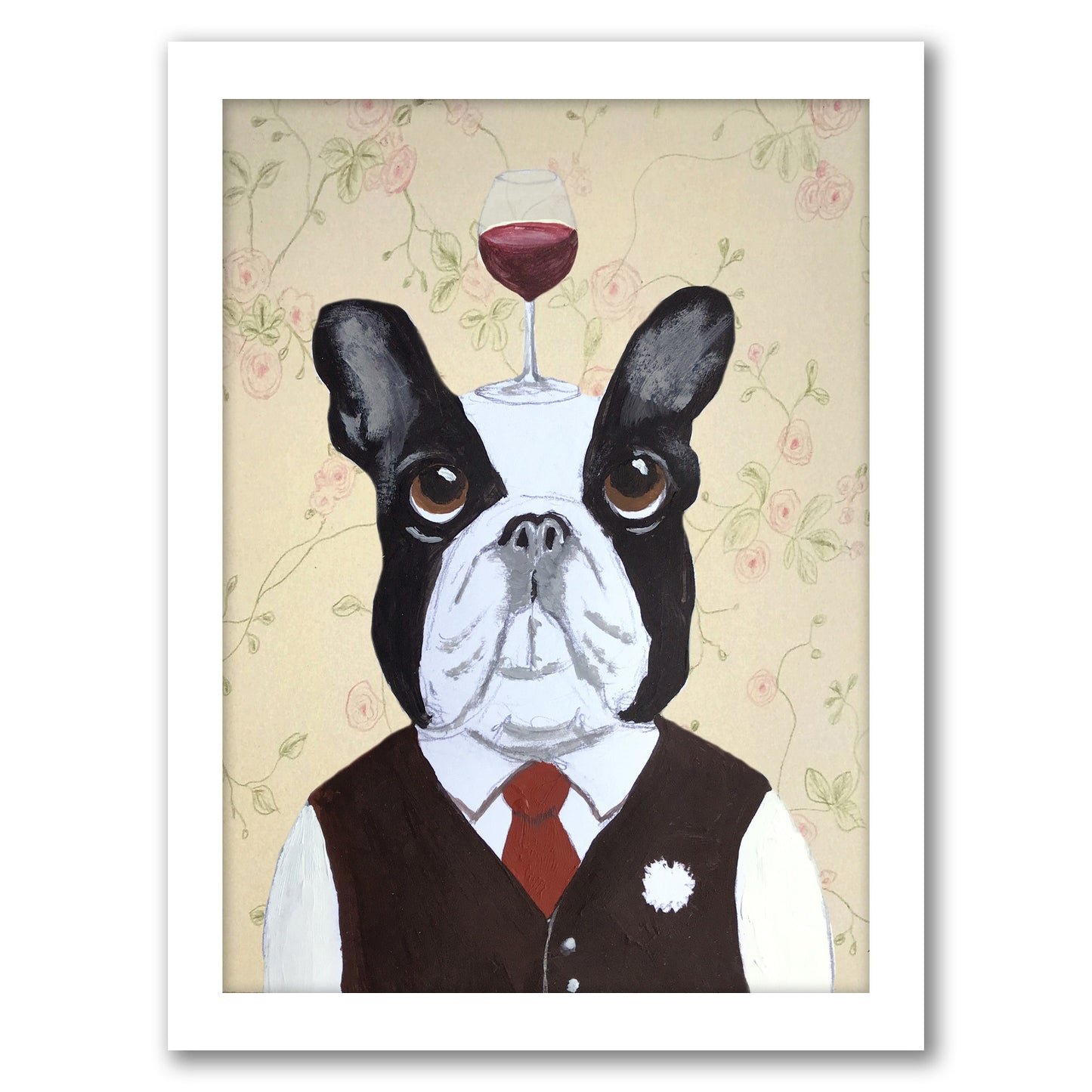 Bulldog With Wineglass By Coco De Paris - White Framed Print