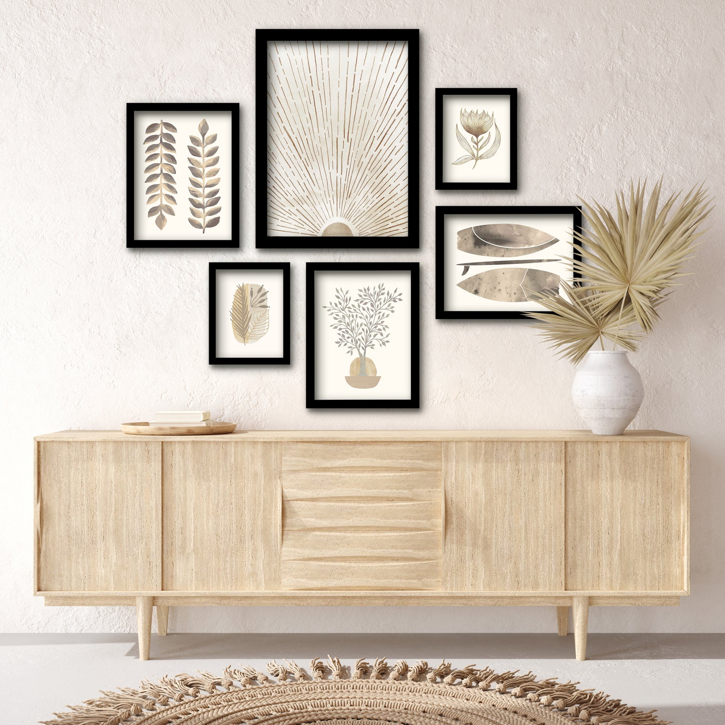Modern Tropical Neutral Sunburst Botanticals - 6 Piece Framed Gallery Wall Set - Americanflat