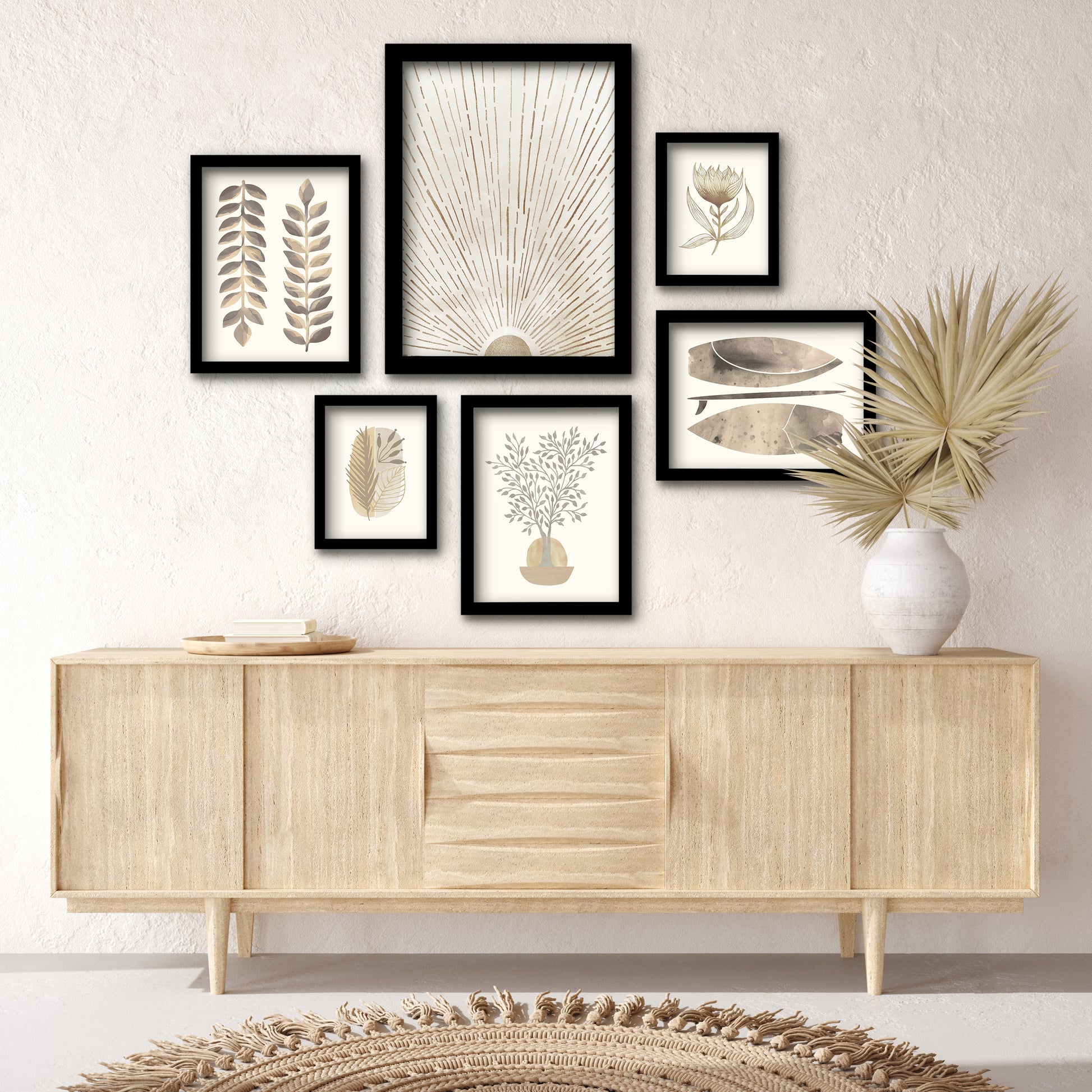 Modern Tropical Neutral Sunburst Botanticals - 6 Piece Framed Gallery Wall Set - Americanflat