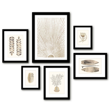 Modern Tropical Neutral Sunburst Botanicals - 6 Piece Framed Gallery Wall Set