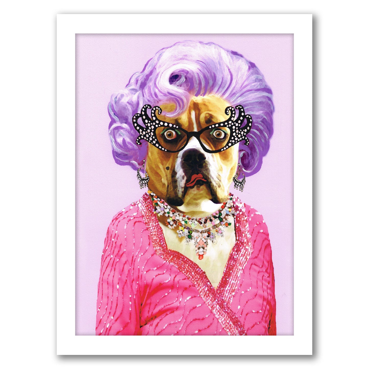 Dame Edna Bulldog By Coco De Paris - White Framed Print