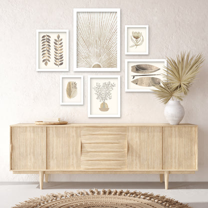 Modern Tropical Neutral Sunburst Botanticals - 6 Piece Framed Gallery Wall Set - Americanflat