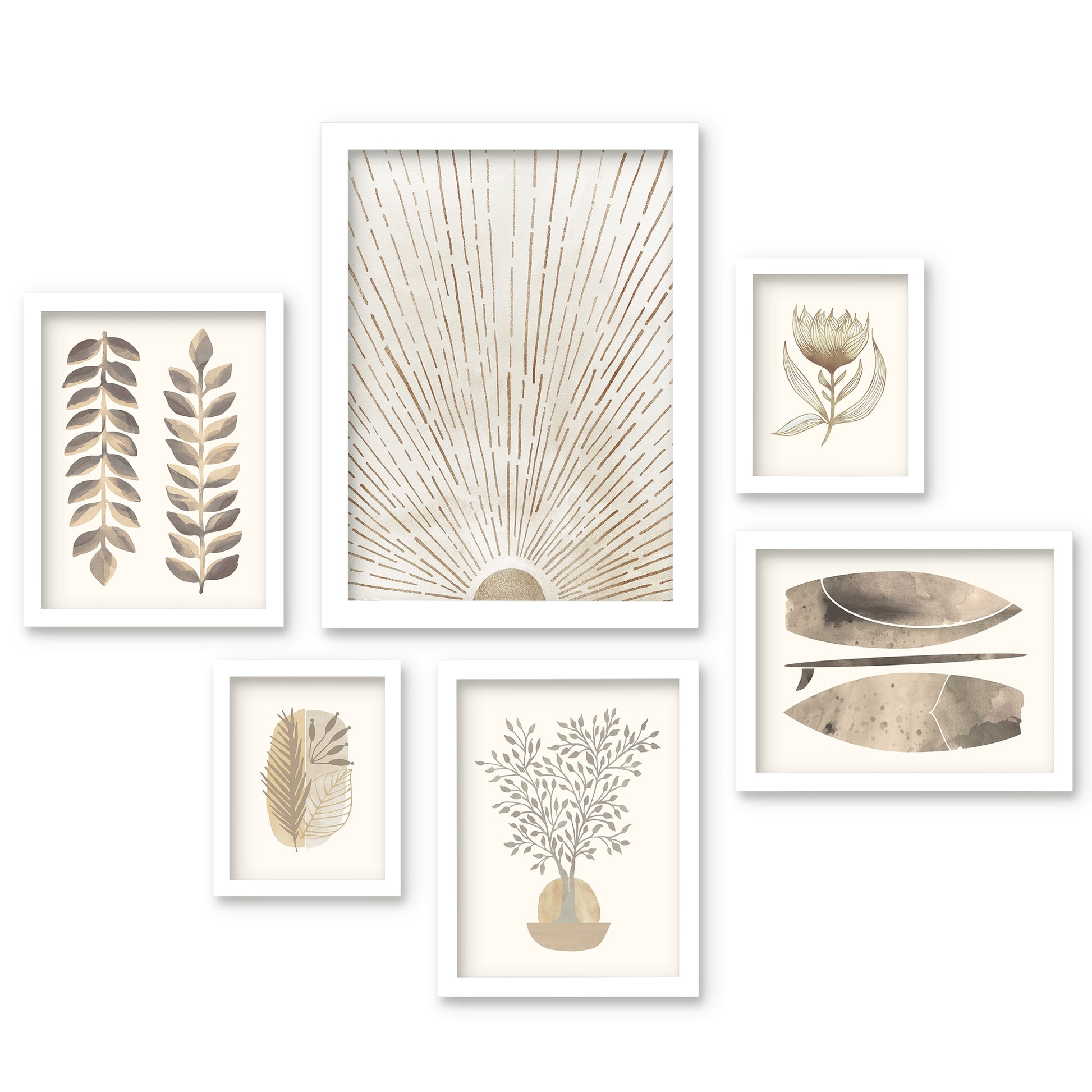 Modern Tropical Neutral Sunburst Botanticals - 6 Piece Framed Gallery Wall Set - Americanflat