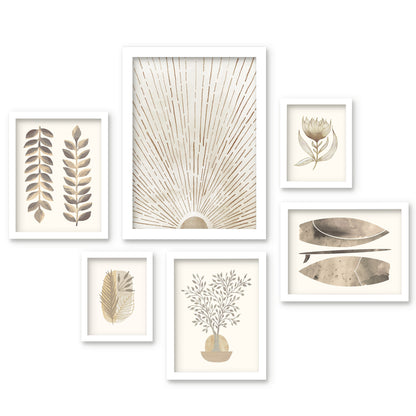 Modern Tropical Neutral Sunburst Botanticals - 6 Piece Framed Gallery Wall Set - Americanflat
