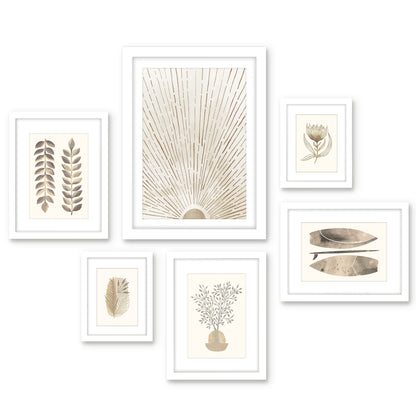 Modern Tropical Neutral Sunburst Botanicals - 6 Piece Framed Gallery Wall Set